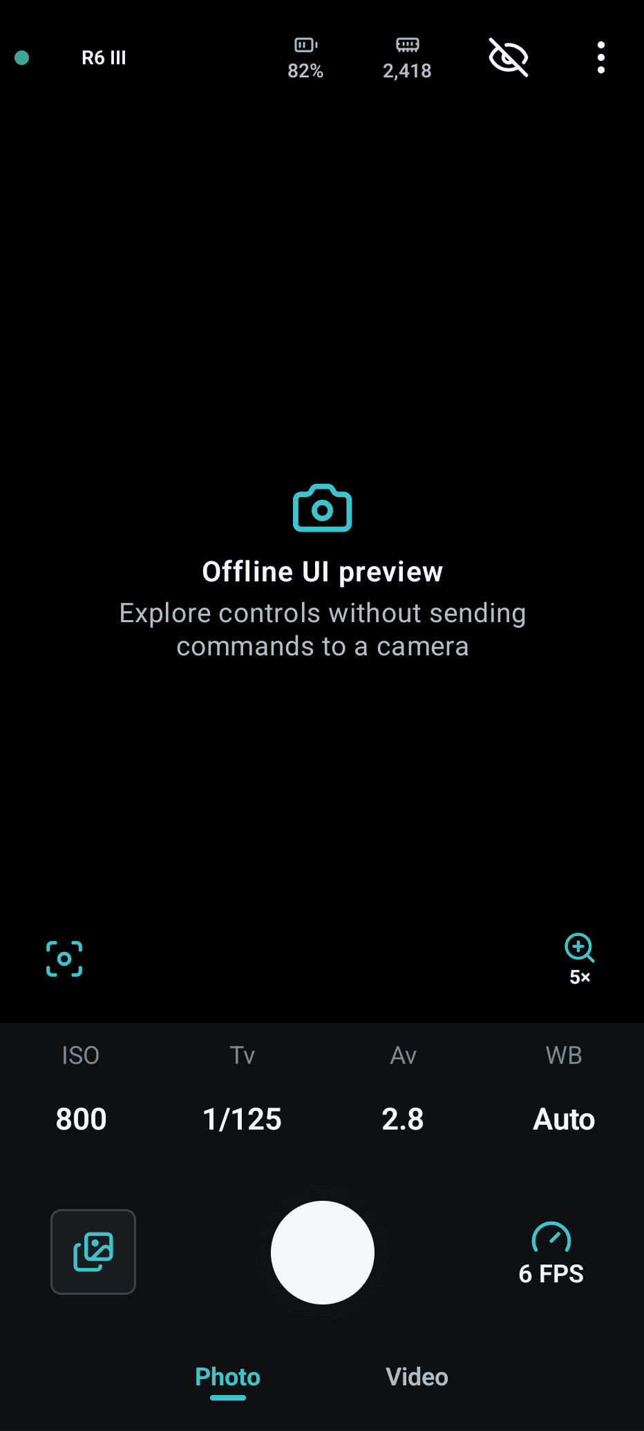Open EOS Control Android 離線介面預覽，包含曝光與拍攝控制